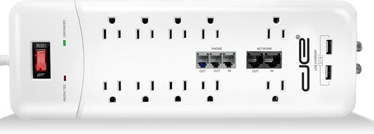 8-Ft Heavy Duty 10-Outlet 3500 Joules Surge Protector Power Strip, 8 Foot Long Extension Cord, Two USB Charging Ports, Coaxial, Phone Protection, ETL Listed. 15 AMP, White
